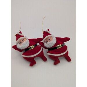 Vtg Mid Century Red Velvet Flocked Santa Claus Ornaments Posed Dancing Pair